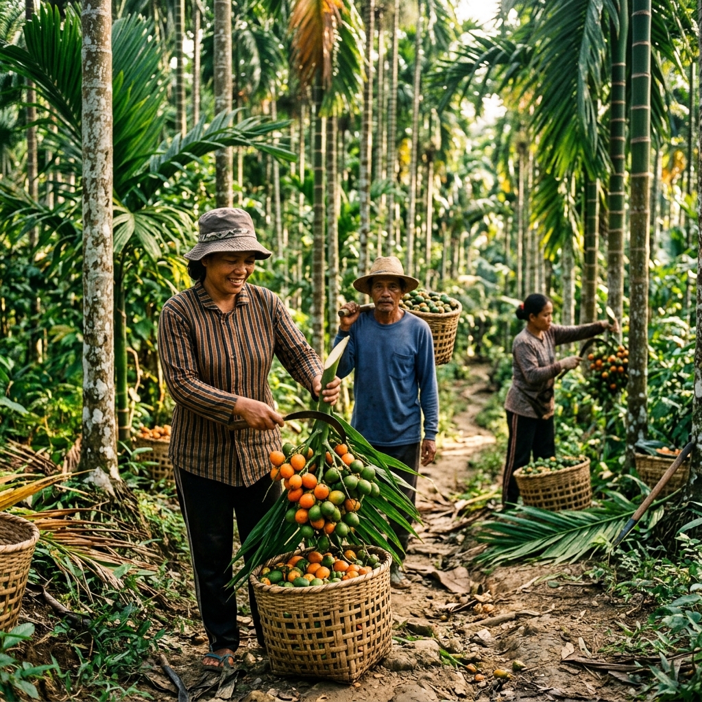 Farmers harvesting fresh areca nuts