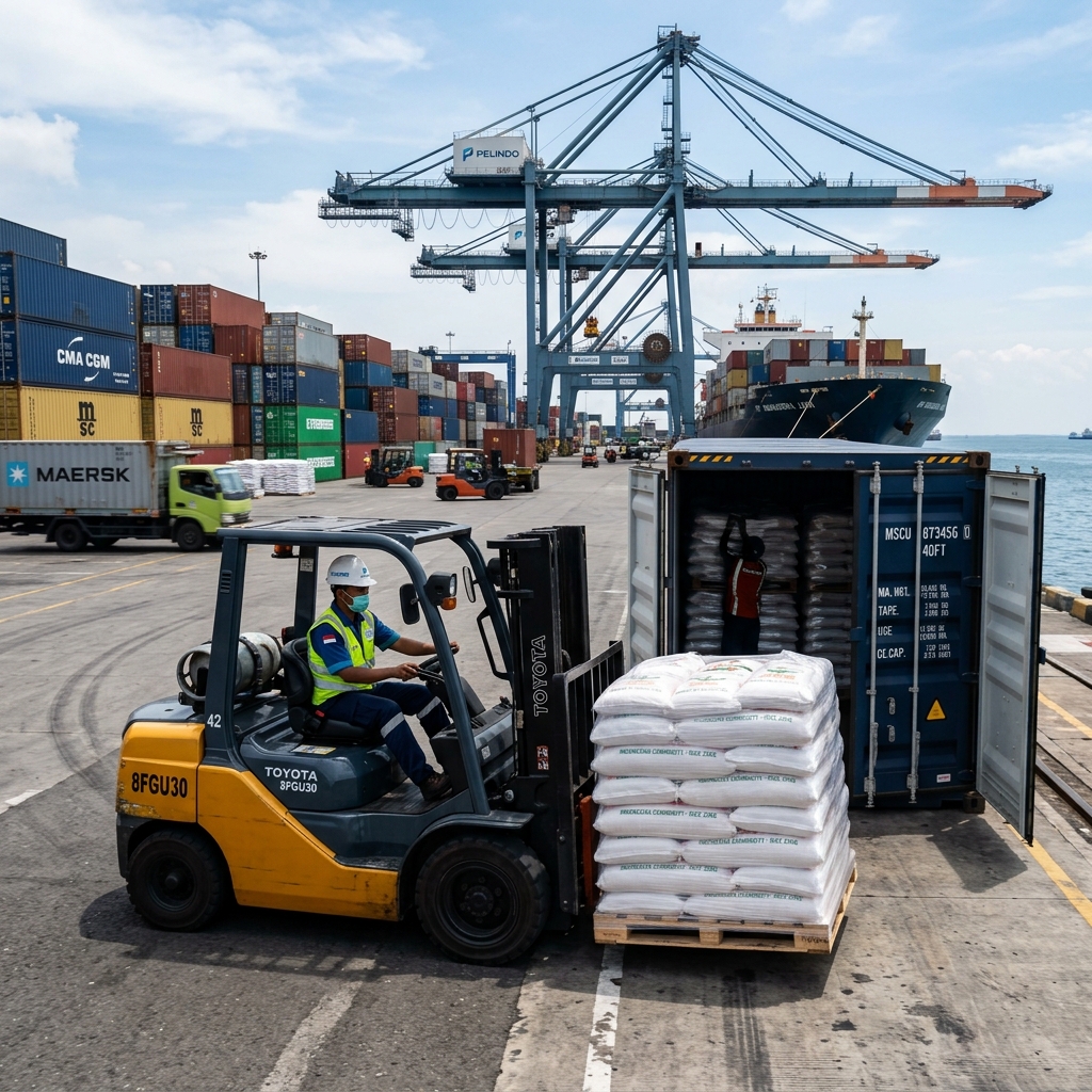Forklift loading containers at port harbour