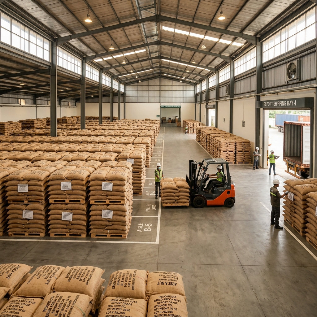 Commodity warehouse stacked with burlap bags of dried areca nuts