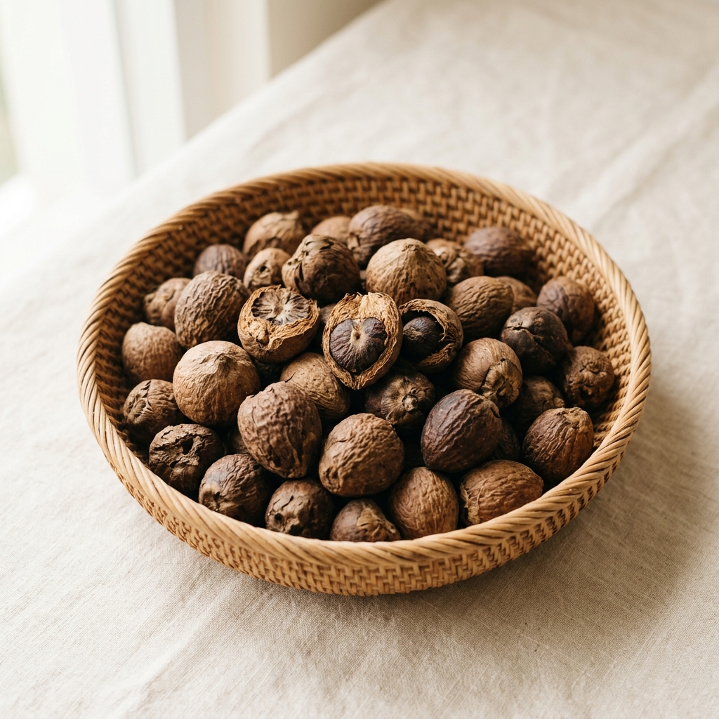 Premium whole dried Indonesian areca nuts in natural woven basket